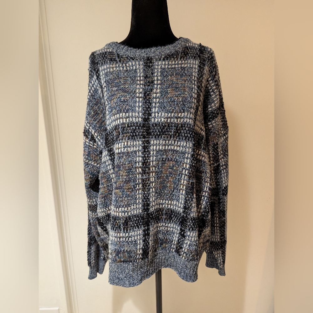 Vintage 1990s Mens Method Blue Black Brown White Sweater Pullover Grunge XL